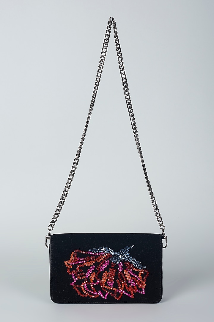 Black Hand Embroidered Sling Bag by PLODE
