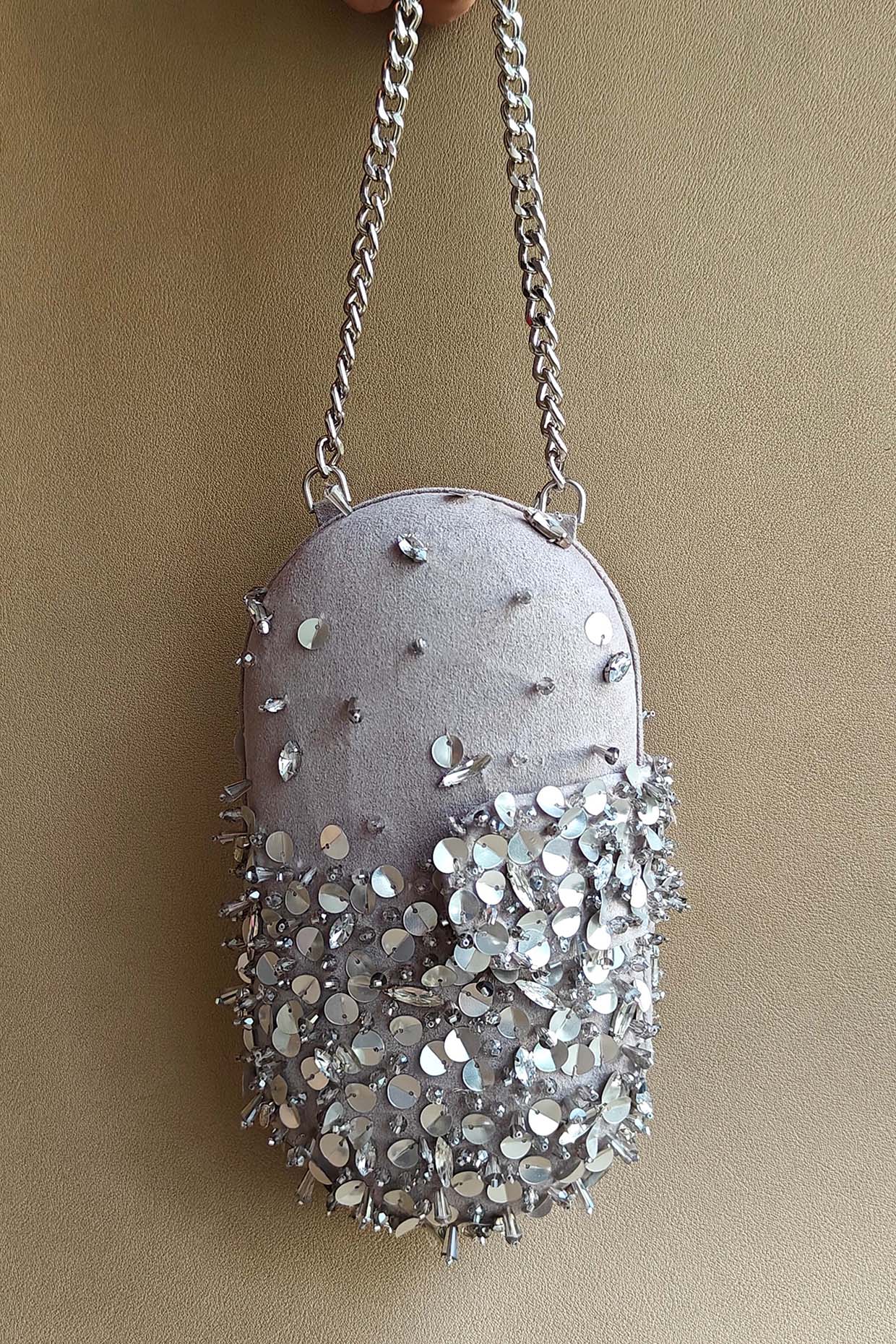 Silver Grey Suede Embellished Capsule Clutch Design by PLODE at