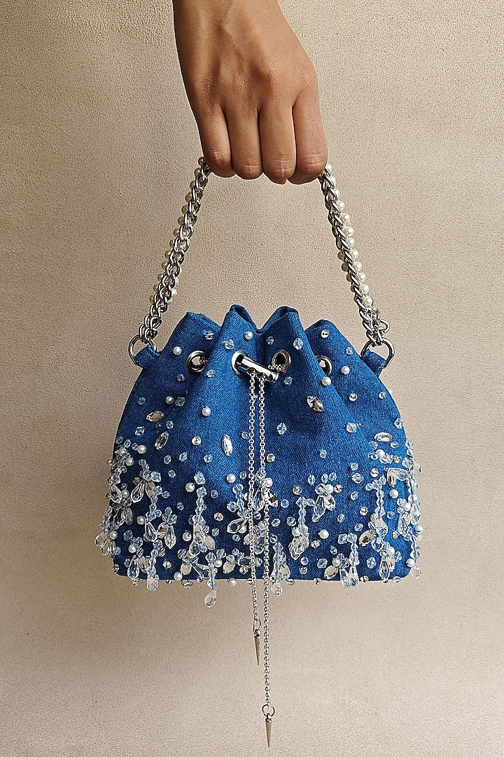Blue Denim Embellished Bucket Bag by PLODE