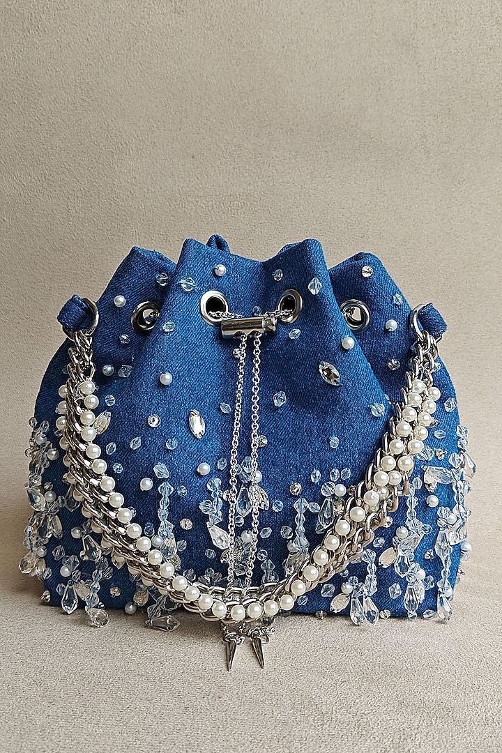 Blue Denim Embellished Bucket Bag by PLODE at Pernia's Pop Up Shop