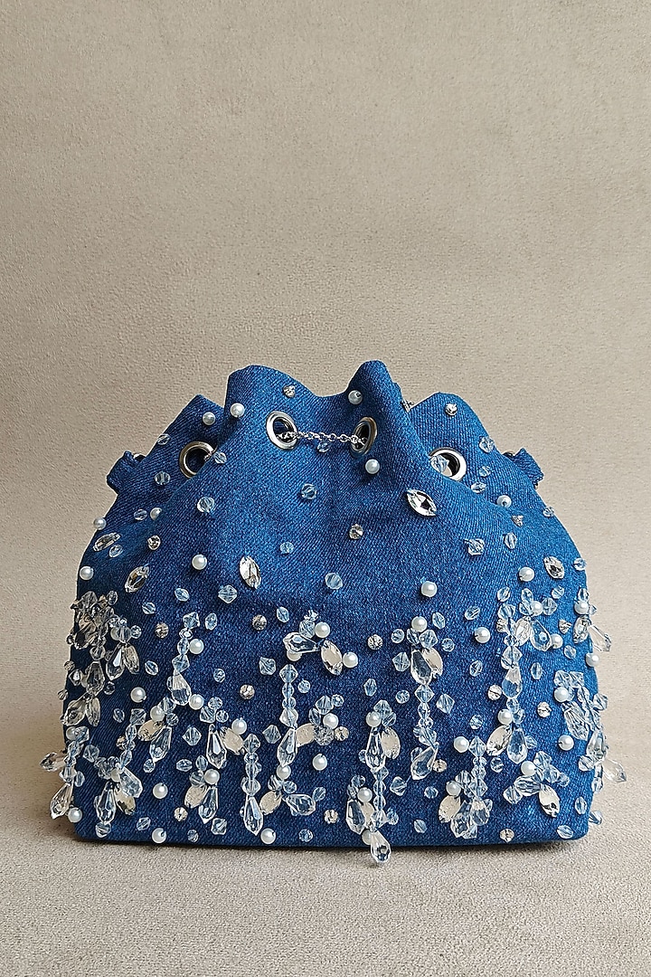 Blue Denim Embellished Bucket Bag by PLODE at Pernia's Pop Up Shop