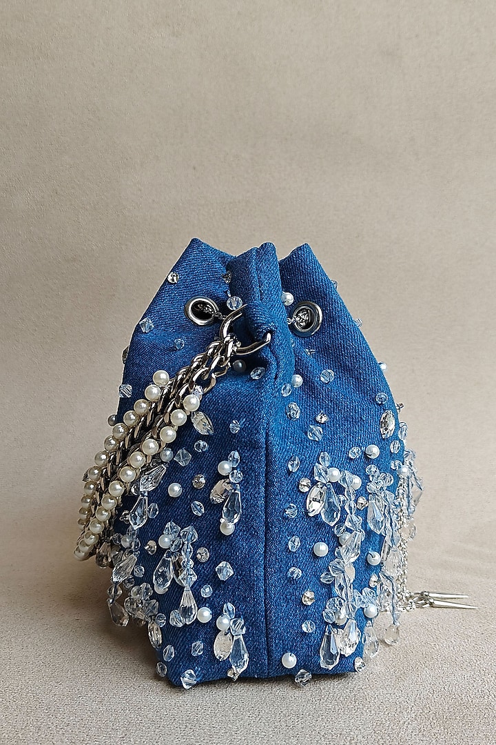 Blue Denim Embellished Bucket Bag by PLODE at Pernia's Pop Up Shop
