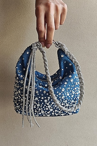 Blue Denim Crystal Embellished Hand Bag by PLODE