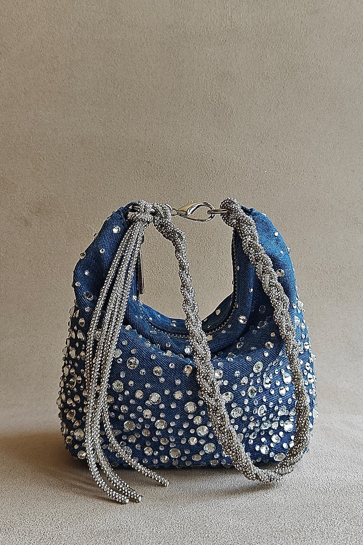 Blue Denim Crystal Embellished Hand Bag by PLODE at Pernia's Pop Up Shop