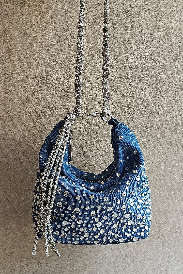 Blue Denim Crystal Embellished Hand Bag by PLODE at Pernia's Pop Up Shop