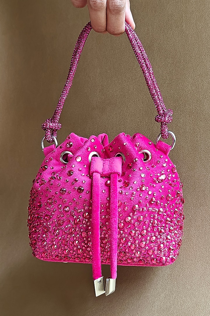 Pink Suede Crystal Embellished Hand Bag by PLODE