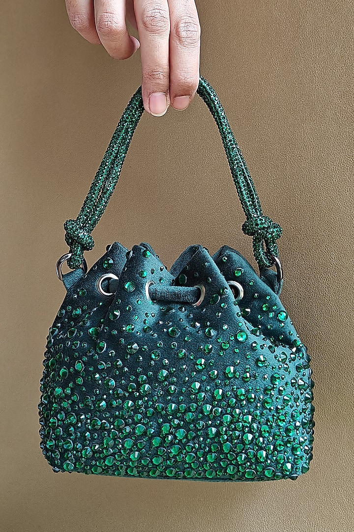 Green Suede Crystal Embellished Hand Bag by PLODE at Pernia's Pop Up Shop