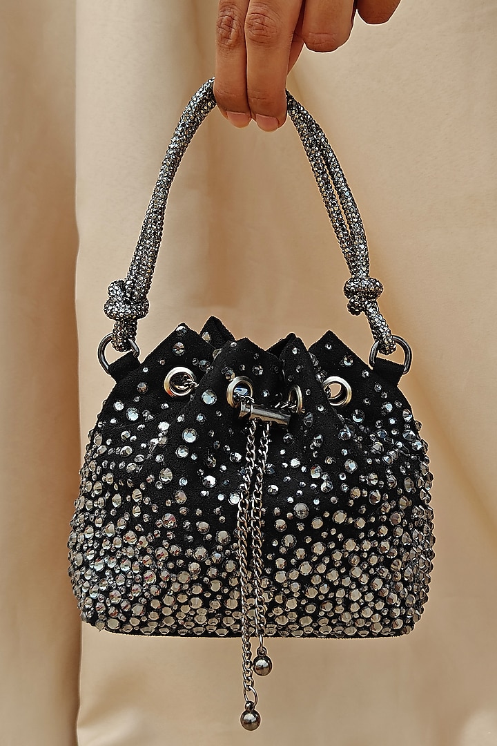 Black Suede Crystal Embellished Hand Bag by PLODE at Pernia's Pop Up Shop