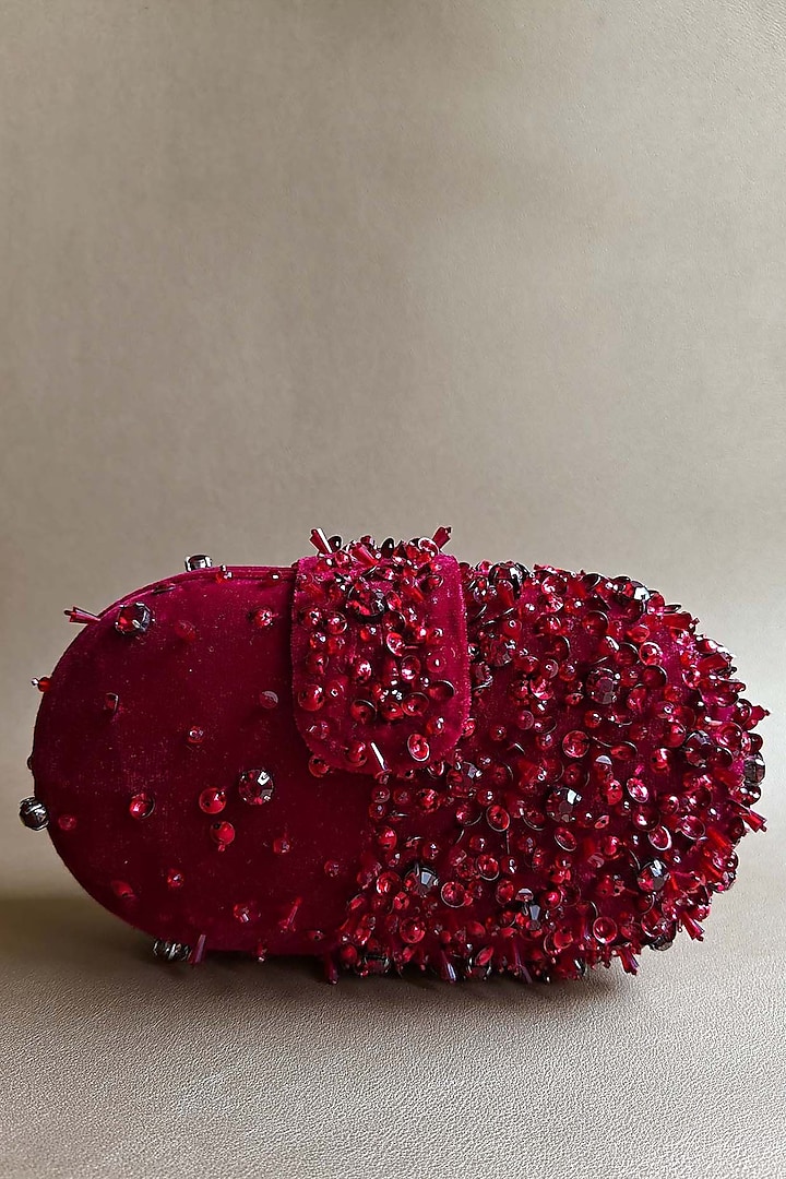 Crimson Red Suede Hand Embellished Capsule Clutch by PLODE
