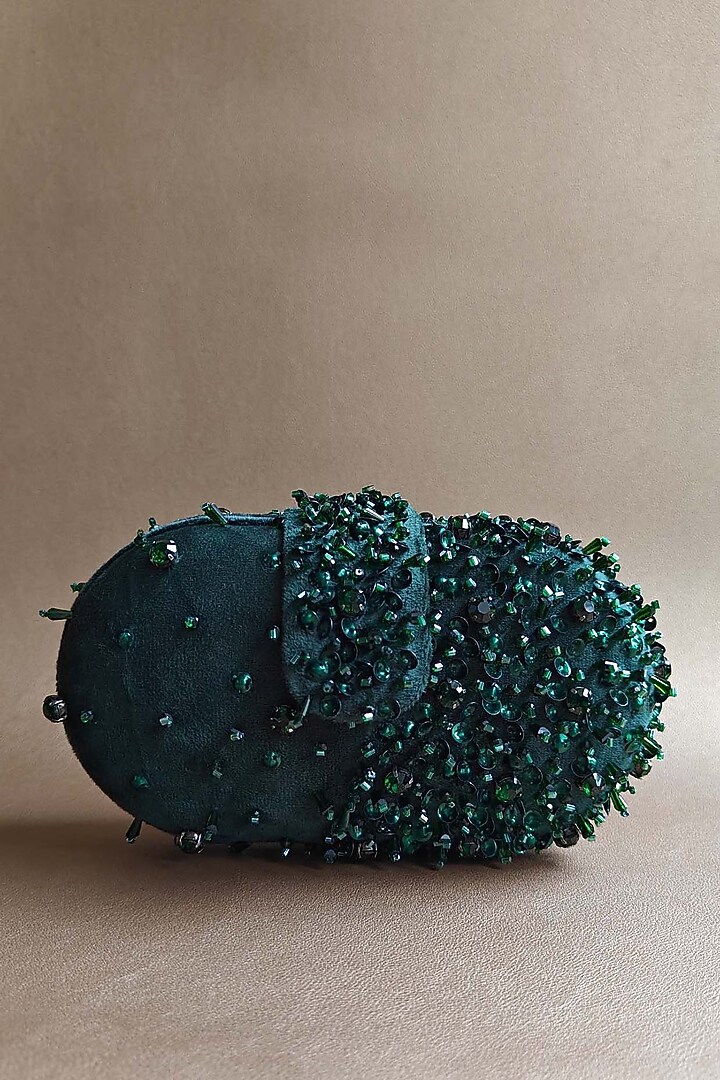 Bottle Green Suede Hand Embellished Capsule Clutch by PLODE at Pernia's Pop Up Shop