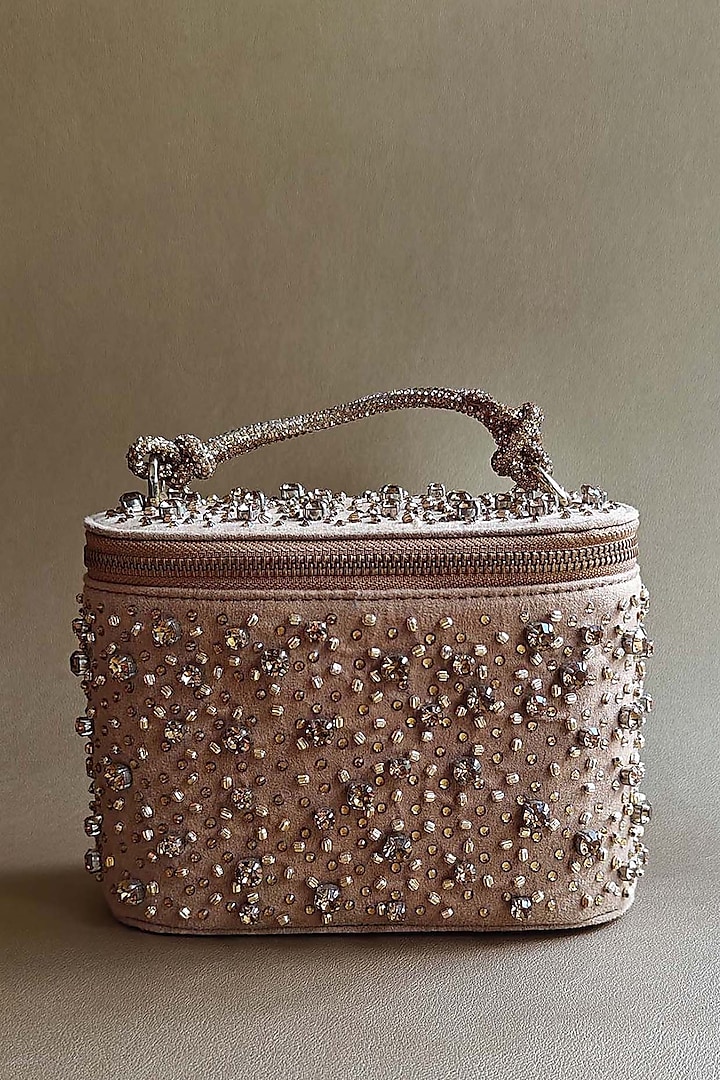 Gold Suede Rhinestone & Bead Embellished Vanity Bag by PLODE