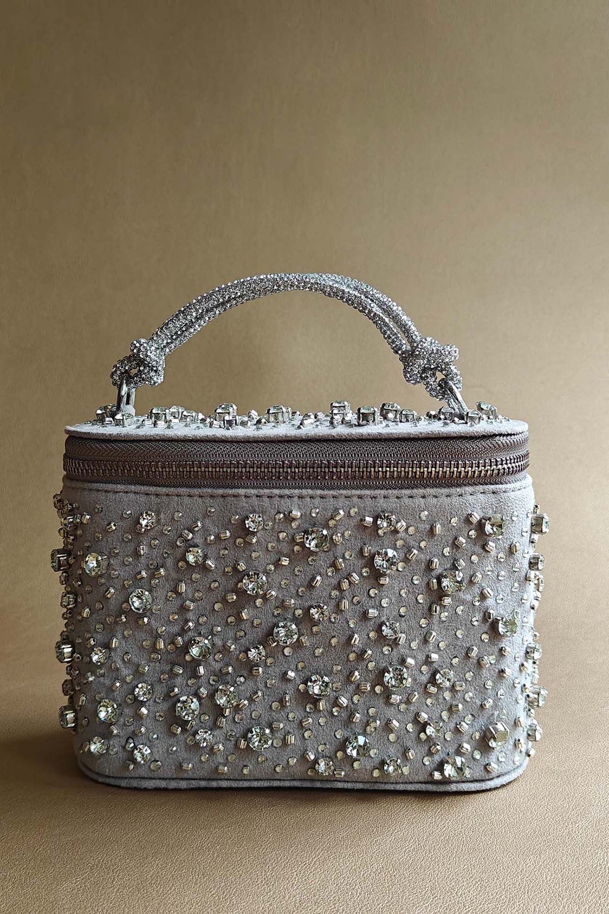 Silver Suede Rhinestone & Bead Embellished Vanity Bag by