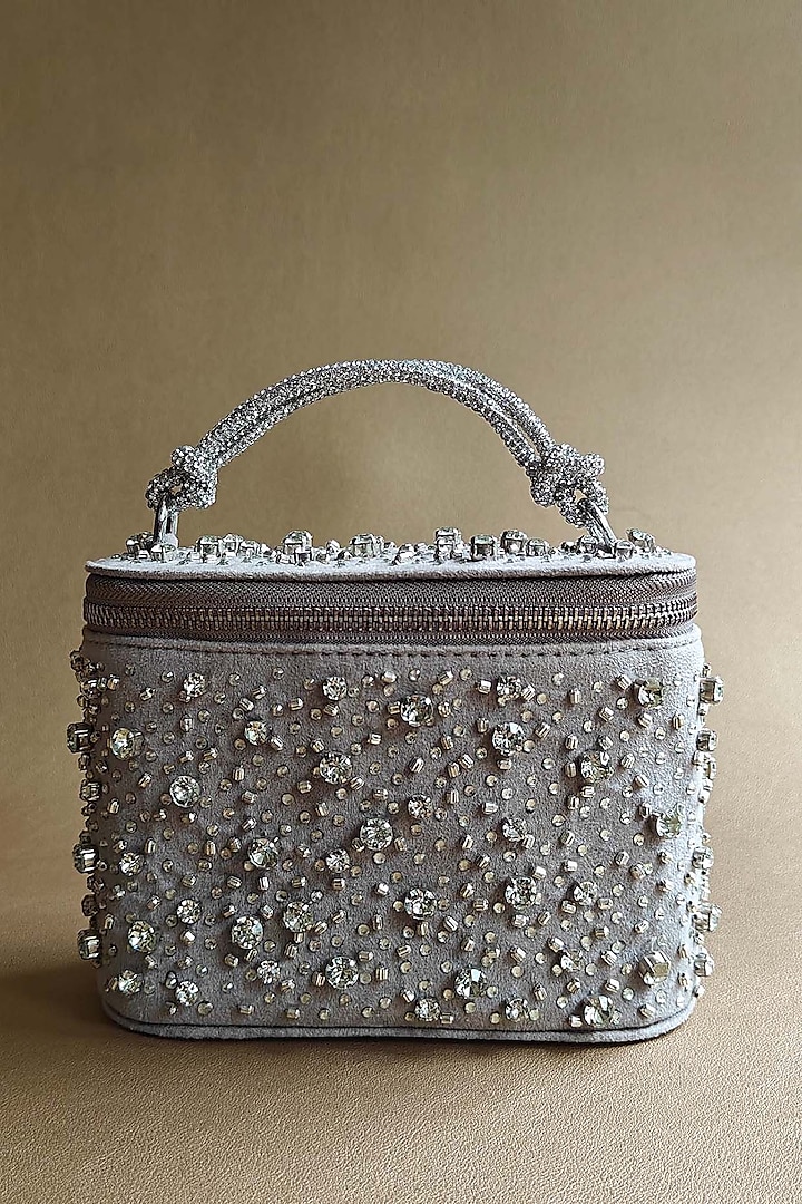 Silver Suede Rhinestone & Bead Embellished Vanity Bag by PLODE