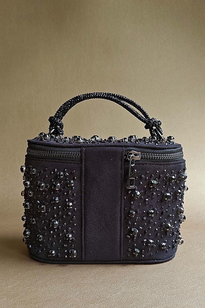 Black Suede Rhinestone & Bead Embellished Vanity Bag by PLODE