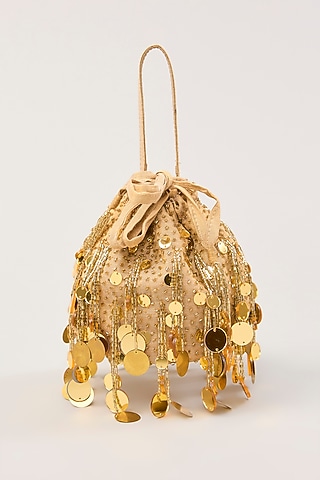 Gold Tissue Mirror Hand Embellished Potli by PLODE