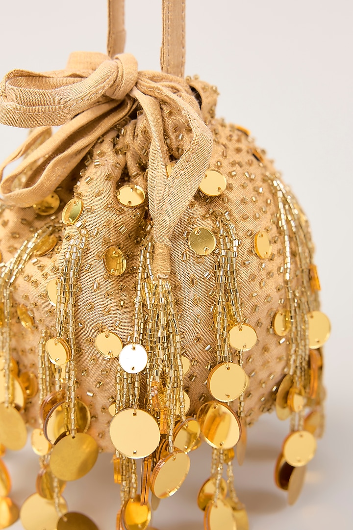 Gold Tissue Mirror Hand Embellished Potli by PLODE at Pernia's Pop Up Shop