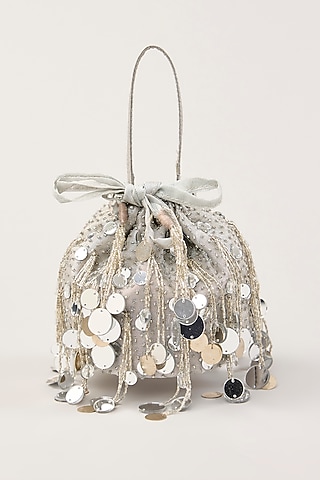 Silver Tissue Mirror Hand Embellished Potli by PLODE