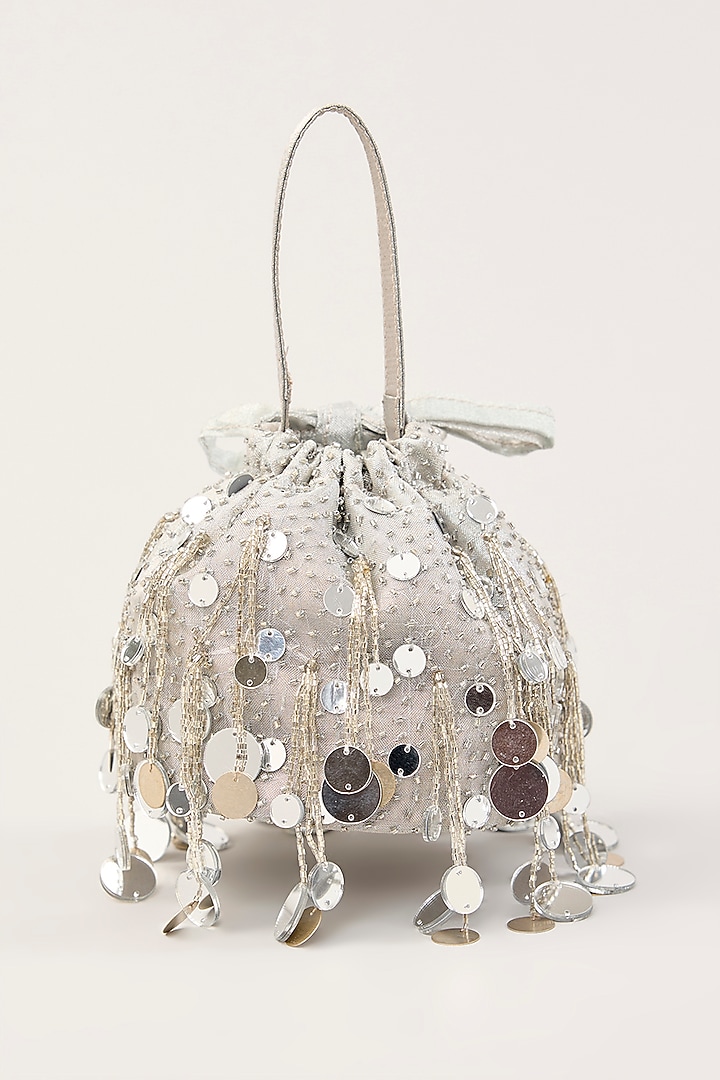 Silver Tissue Mirror Hand Embellished Potli by PLODE at Pernia's Pop Up Shop