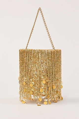 Gold Suede Tassel Hand Embellished Potli  by PLODE