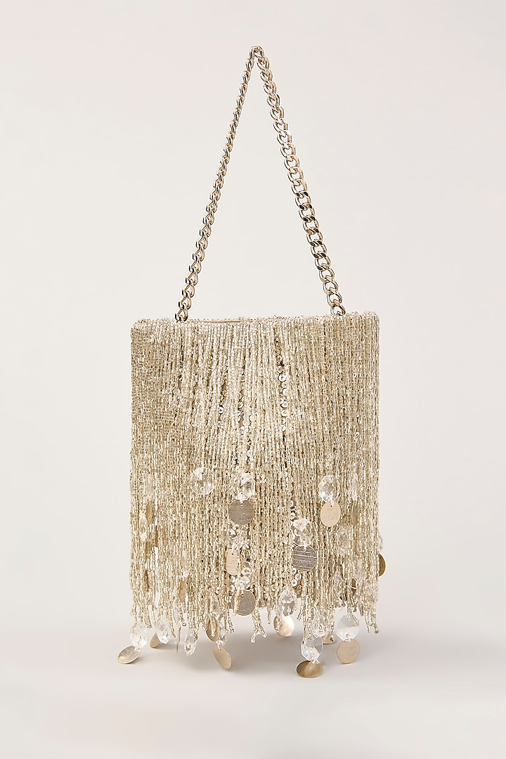 Silver Suede Tassel Hand Embellished Potli  by PLODE at Pernia's Pop Up Shop