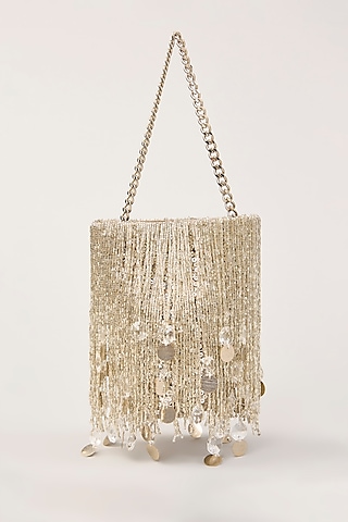 Silver Suede Tassel Hand Embellished Potli  by PLODE