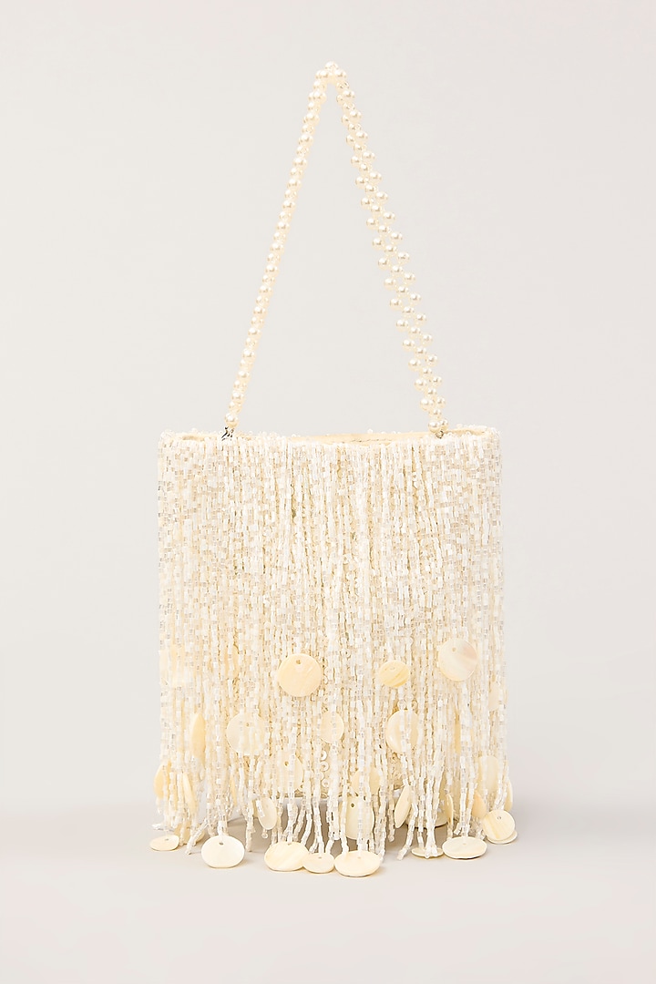 White Satin Tassel Hand Embellished Potli by PLODE at Pernia's Pop Up Shop