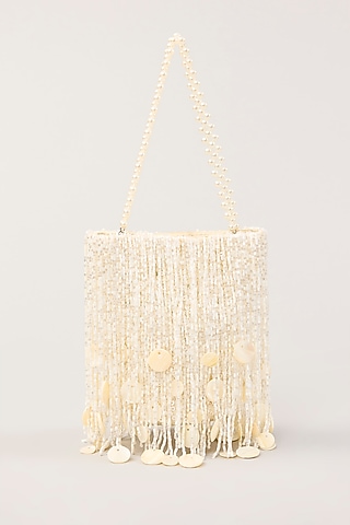 White Satin Tassel Hand Embellished Potli by PLODE