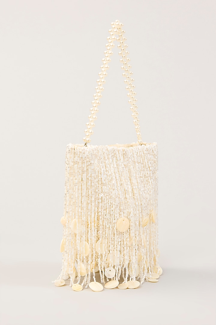 White Satin Tassel Hand Embellished Potli by PLODE at Pernia's Pop Up Shop