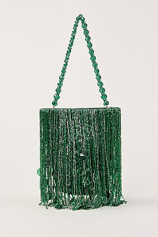 Green Velvet Tassel Hand Embellished Potli by PLODE