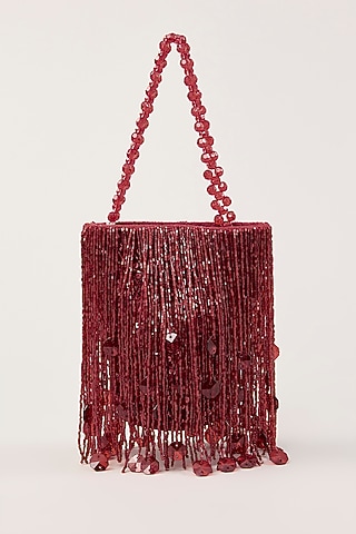 Red Suede Tassel Hand Embellished Potli by PLODE