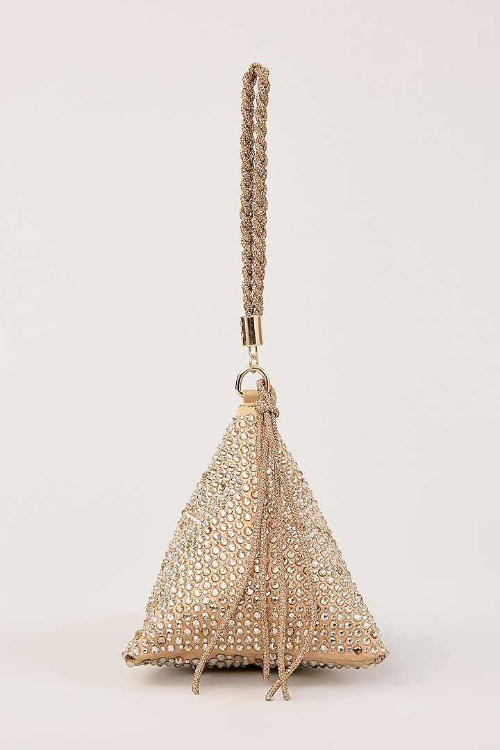 Gold Suede Swarovski Hand Embellished Triangle Potli by PLODE at Pernia's Pop Up Shop