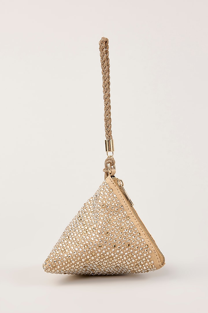 Gold Suede Swarovski Hand Embellished Triangle Potli by PLODE at Pernia's Pop Up Shop