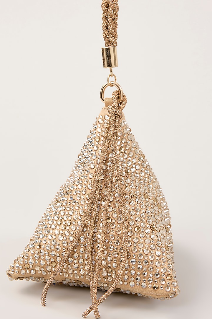 Gold Suede Swarovski Hand Embellished Triangle Potli by PLODE at Pernia's Pop Up Shop