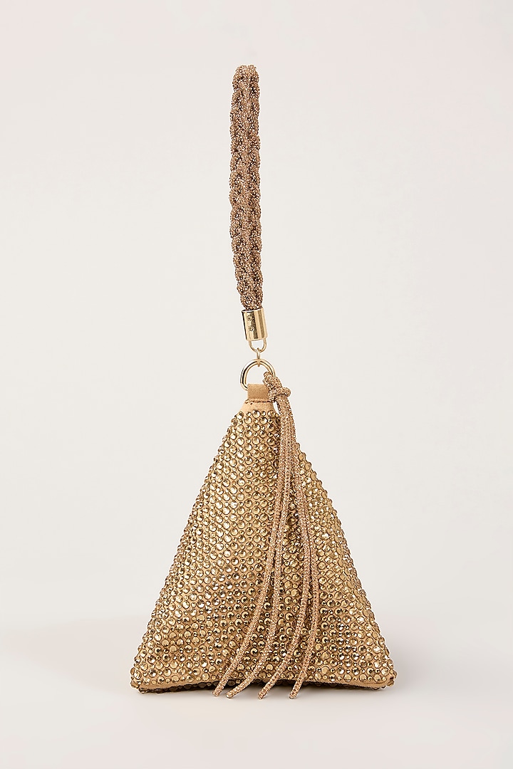 Gold Suede Swarovski Hand Embellished Triangle Potli by PLODE at Pernia's Pop Up Shop