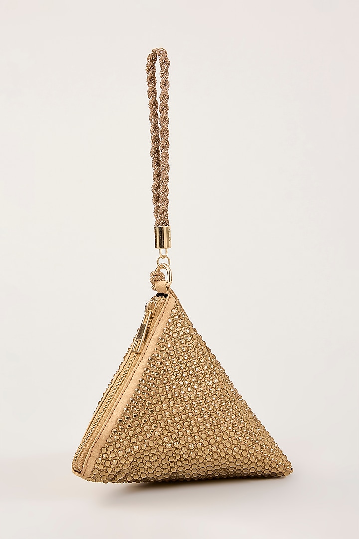 Gold Suede Swarovski Hand Embellished Triangle Potli by PLODE at Pernia's Pop Up Shop