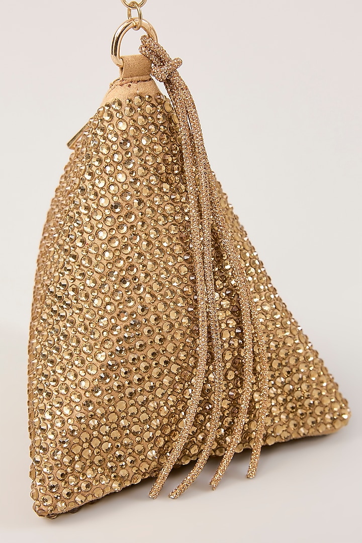 Gold Suede Swarovski Hand Embellished Triangle Potli by PLODE at Pernia's Pop Up Shop