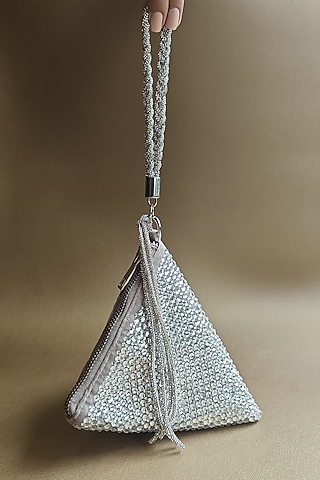 Silver Suede Crystal Embellished Hand Bag by PLODE
