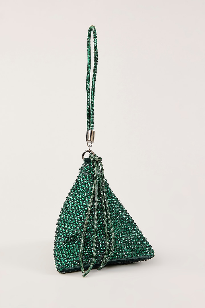 Green Velvet Swarovski Hand Embellished Triangle Potli by PLODE at Pernia's Pop Up Shop