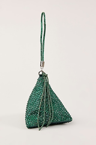 Green Velvet Swarovski Hand Embellished Triangle Potli by PLODE