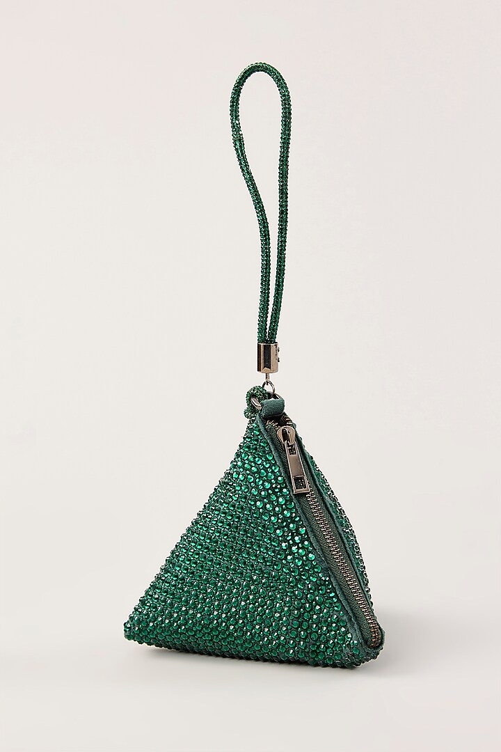 Green Velvet Swarovski Hand Embellished Triangle Potli by PLODE at Pernia's Pop Up Shop