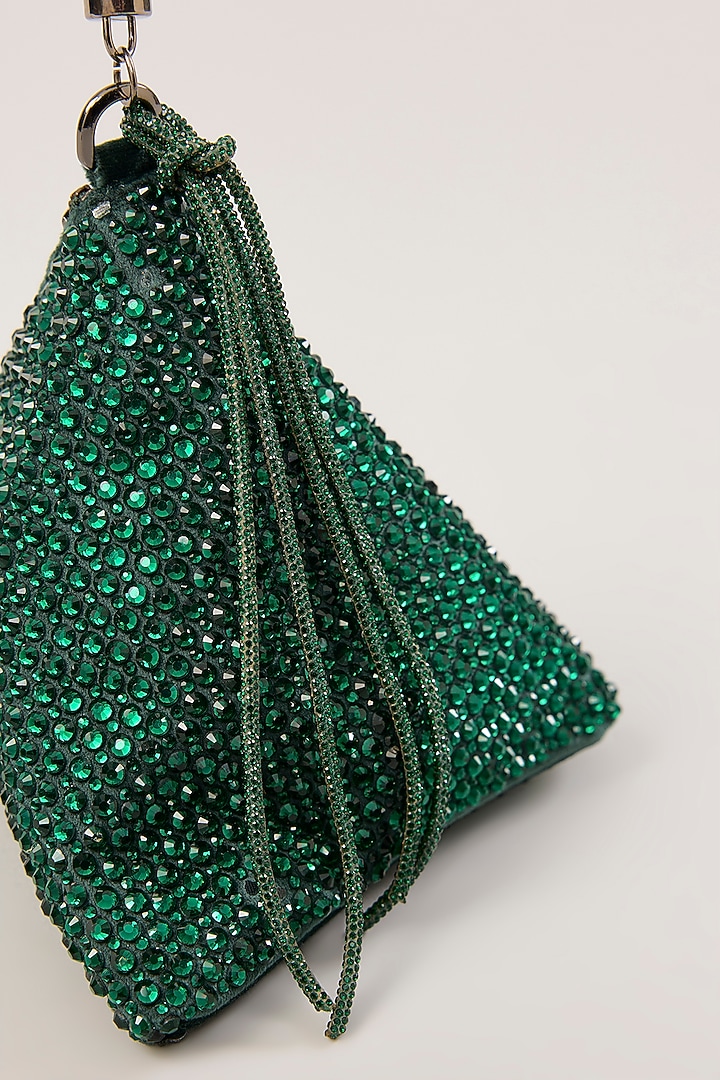 Green Velvet Swarovski Hand Embellished Triangle Potli by PLODE at Pernia's Pop Up Shop