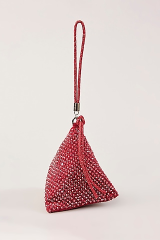Red Suede Swarovski Hand Embellished Triangle Potli by PLODE