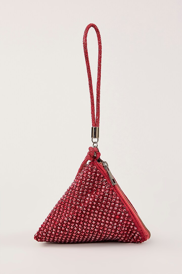 Red Suede Swarovski Hand Embellished Triangle Potli by PLODE at Pernia's Pop Up Shop