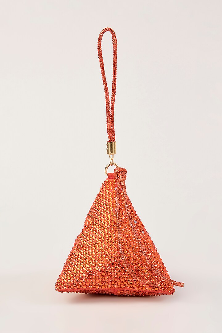 Orange Suede Swarovski Hand Embellished Triangle Potli by PLODE at Pernia's Pop Up Shop