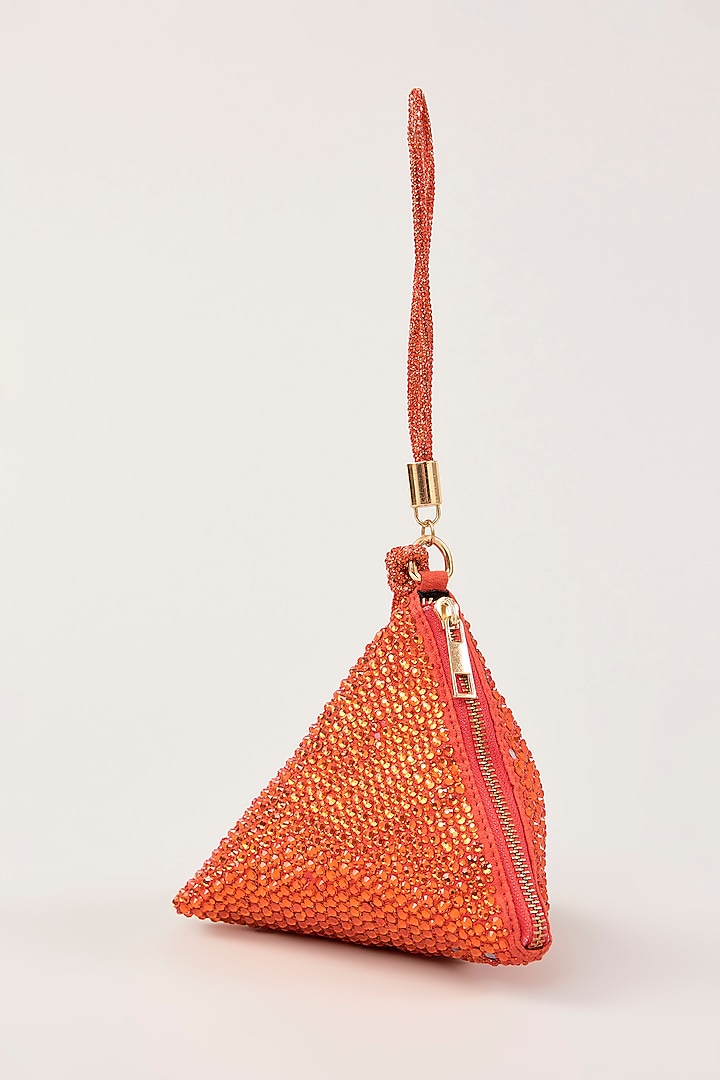 Orange Suede Swarovski Hand Embellished Triangle Potli by PLODE at Pernia's Pop Up Shop