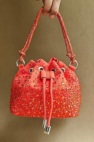 Orange Suede Crystal Embellished Hand Bag by PLODE