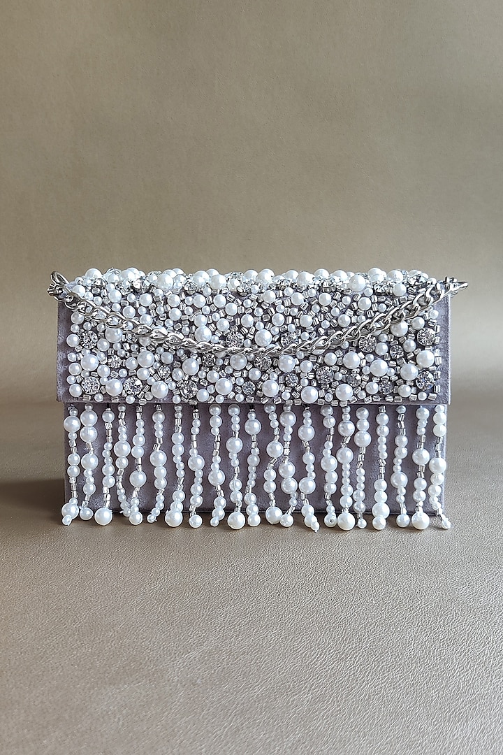 Silver Hand Embellished Handbag by PLODE