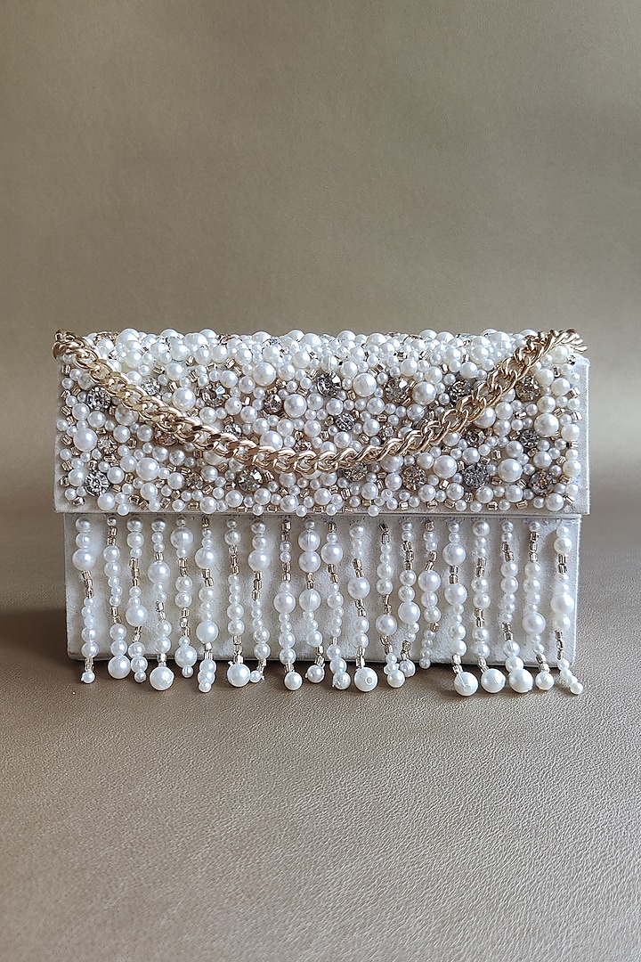White Hand Embellished Handbag by PLODE