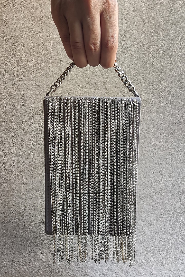 Silver Rhinestone Hand Embellished Handbag by PLODE