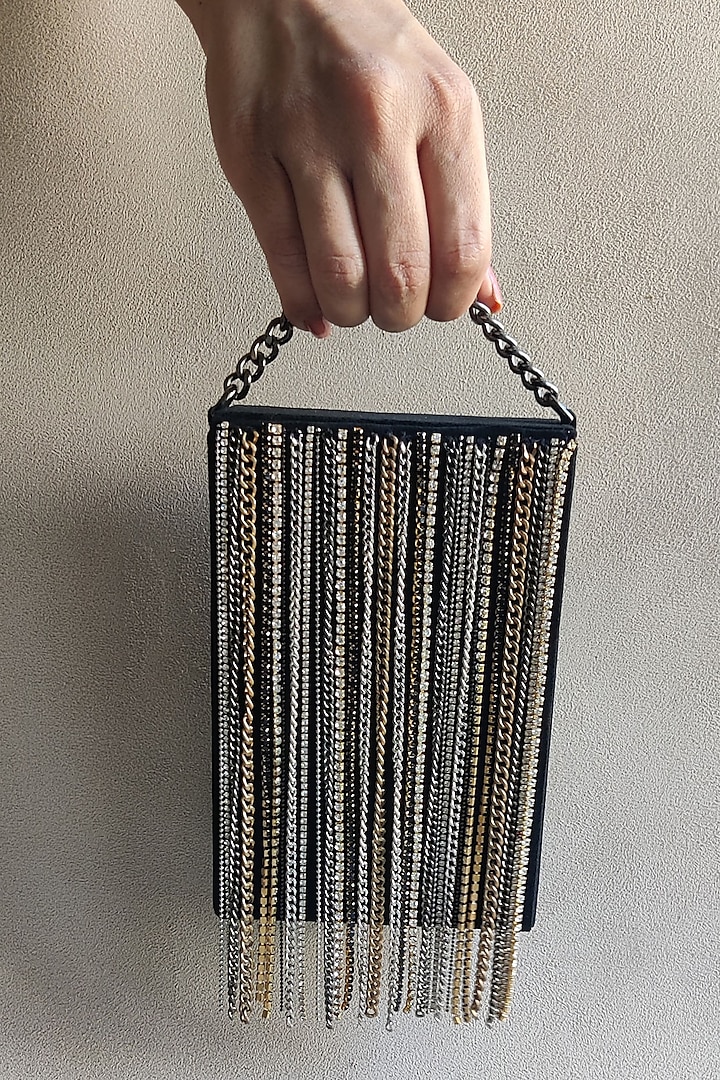 Black Rhinestone Hand Embellished Handbag by PLODE